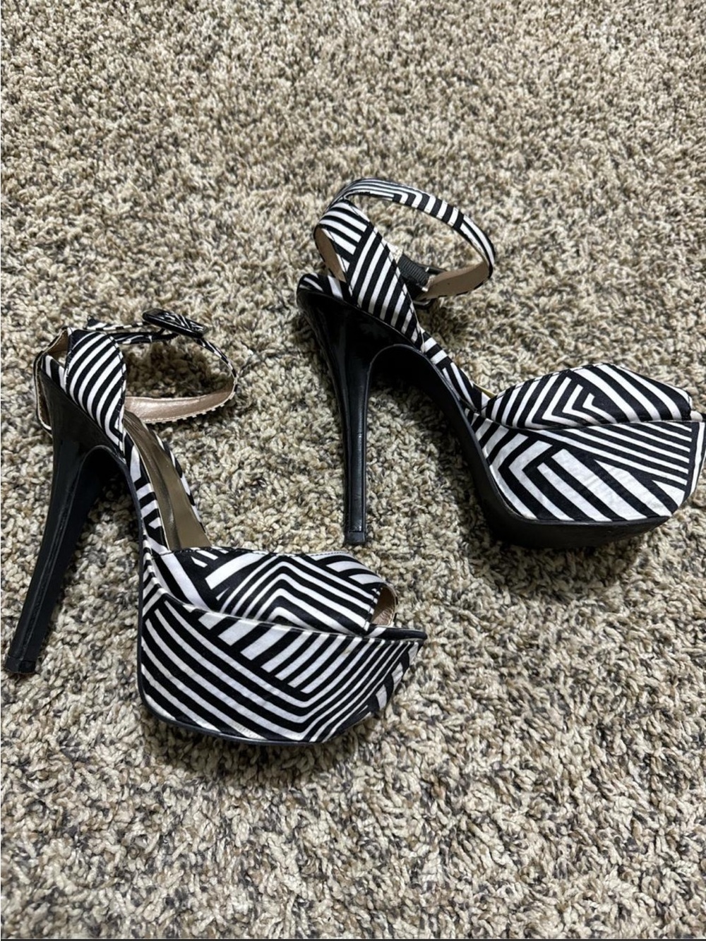 Qupid Black & White Striped Platform Ankle-Strap Heels